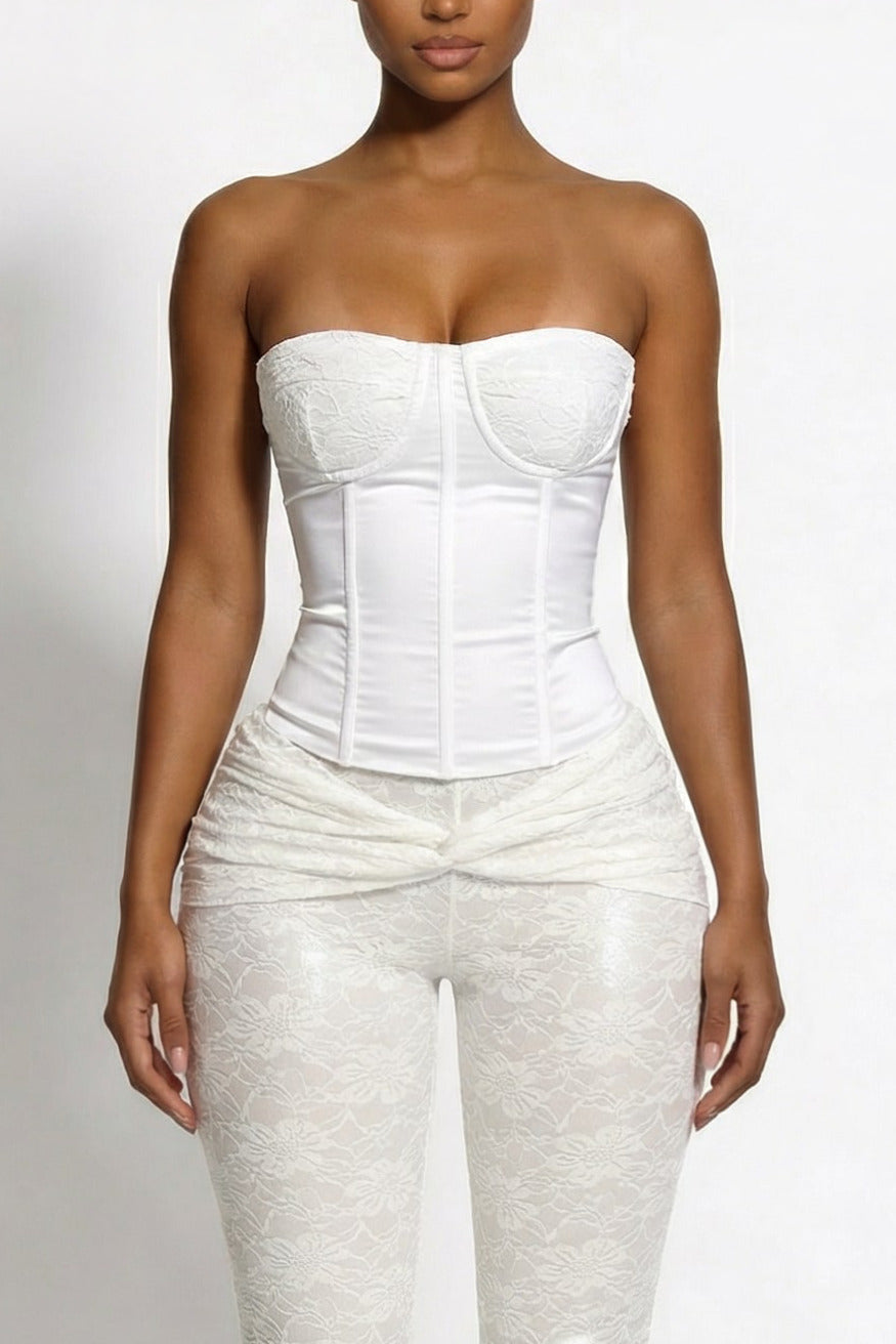 LemonLunar Women's The Flora Lace Corset Top - White - Sleeveless tops