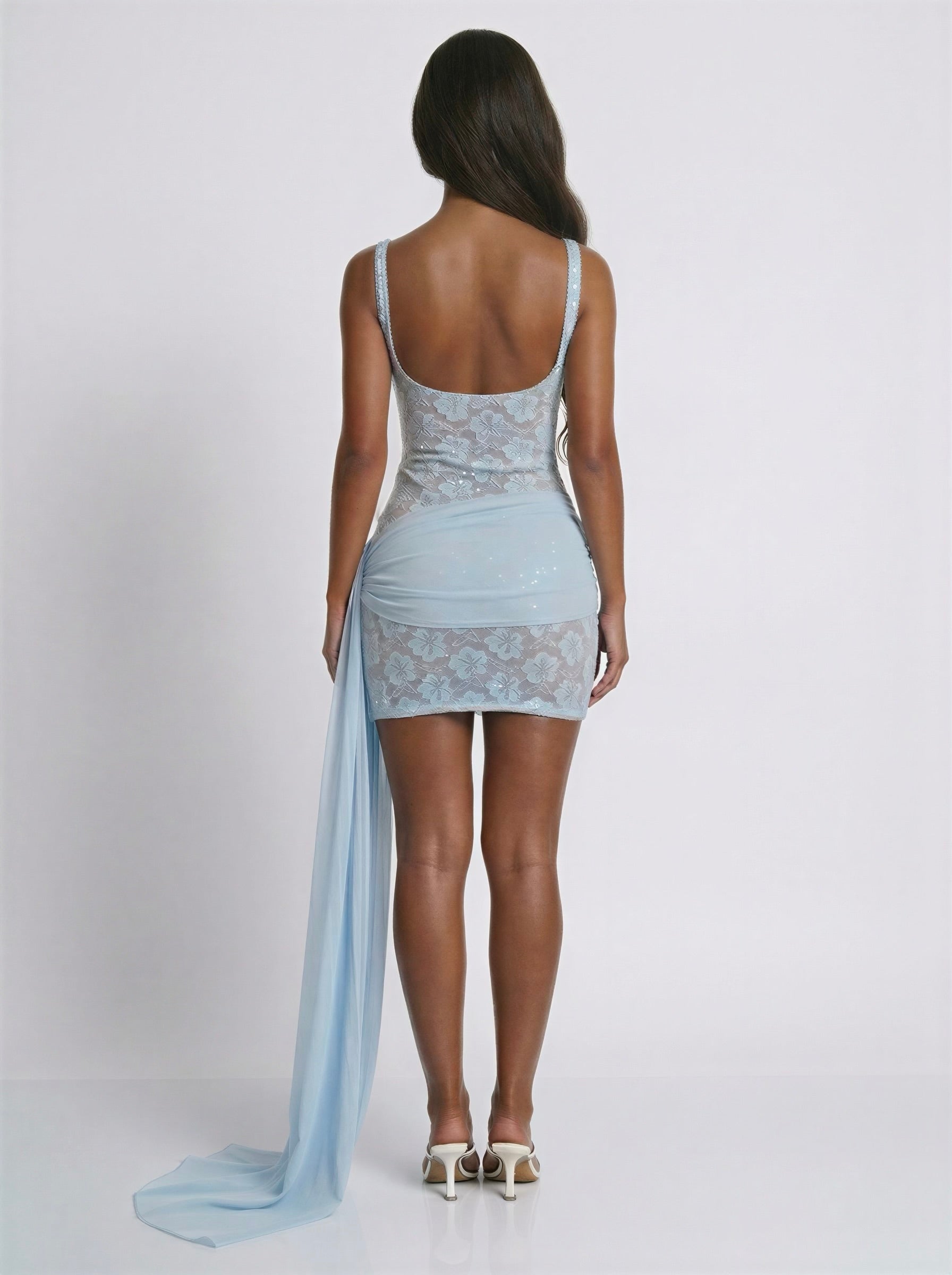 LEMONLUNAR Women's Sky Lace Mini Dress in Blue