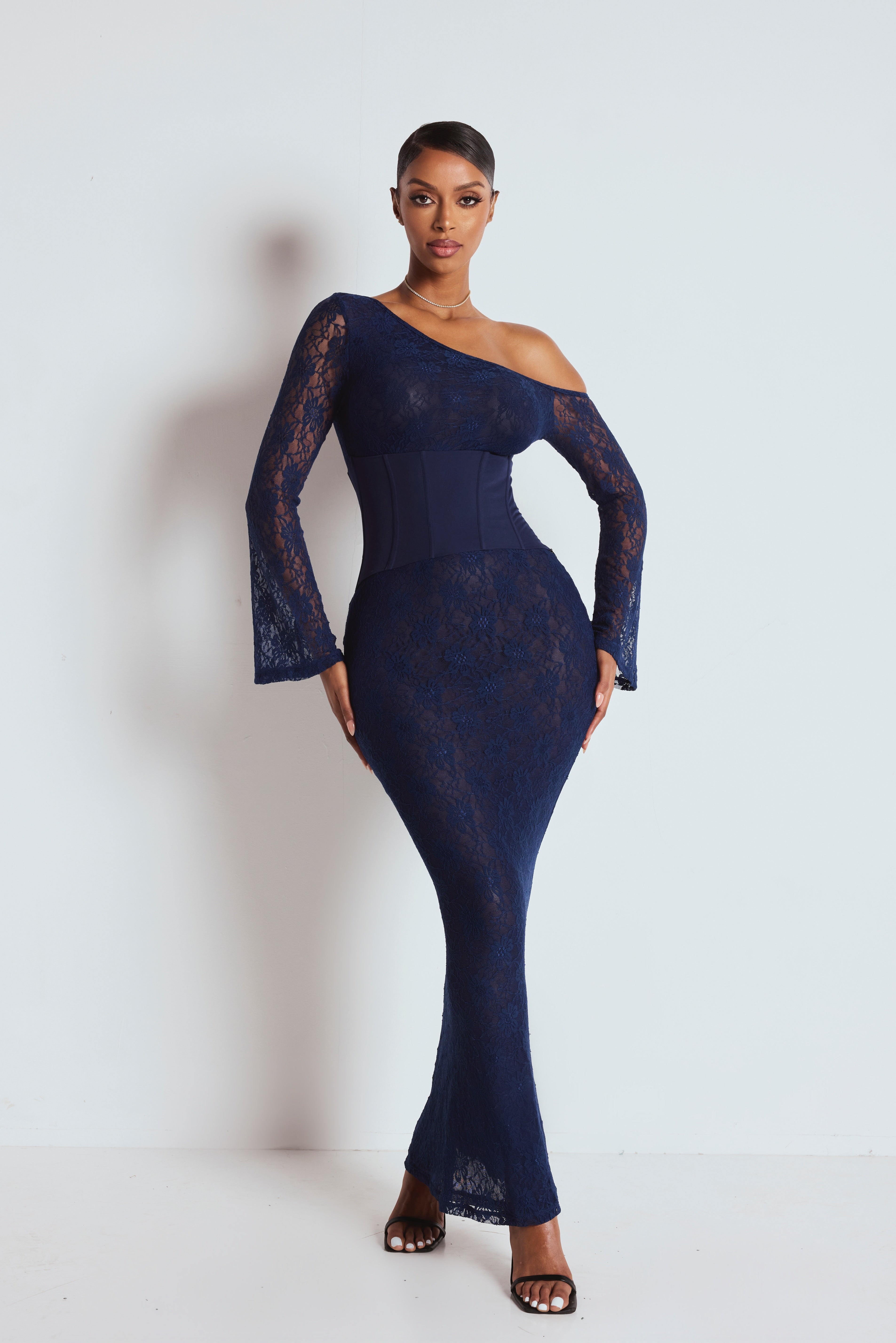 lace maxi dress navy Long Lace-Sleeve Jersey Formal Dress: La Femme 33121 Navy / 4