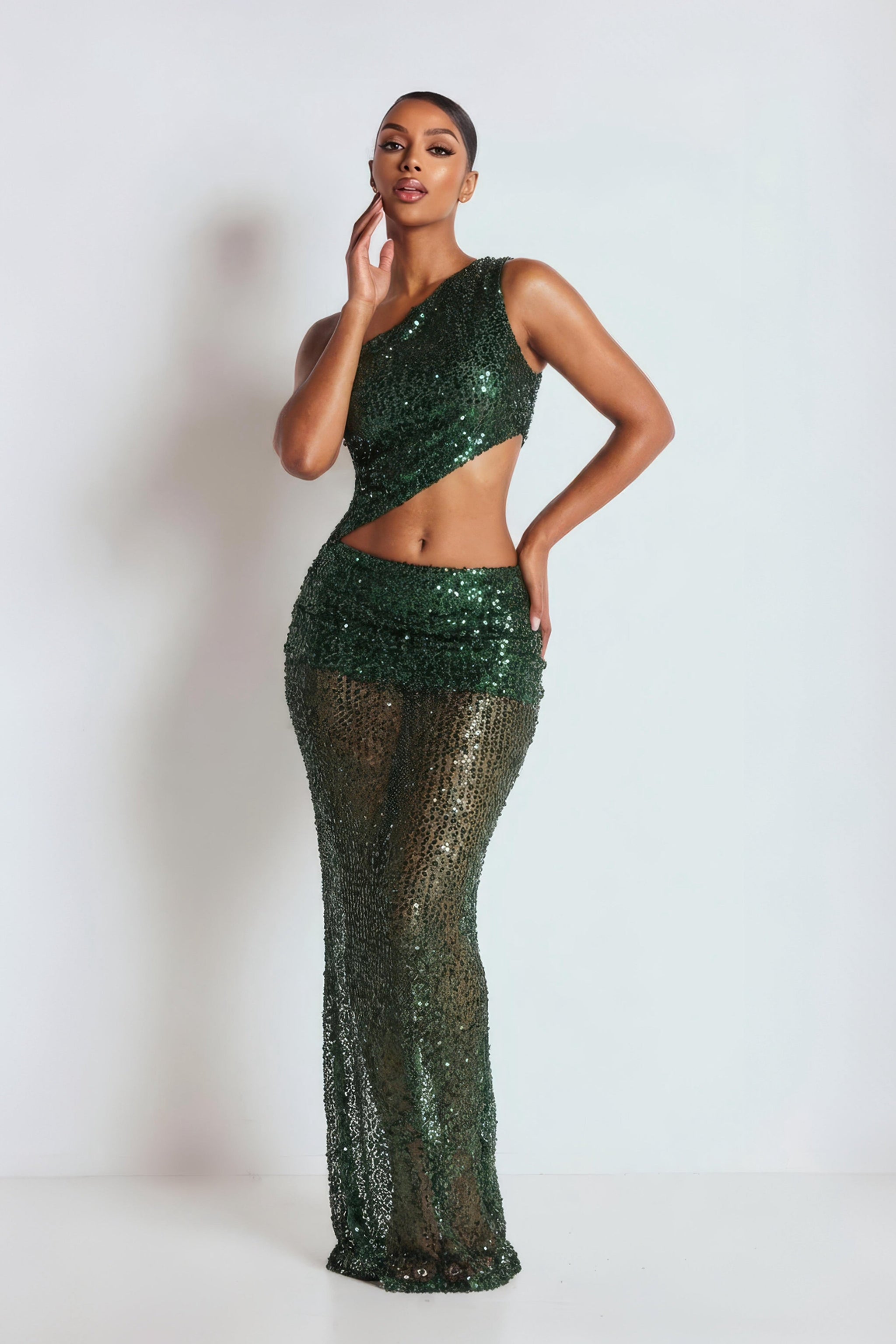 for love and lemons green sequin dress LEMONLUNAR Women's Deep Emerald Cut-Out Maxi in swatch-khaki