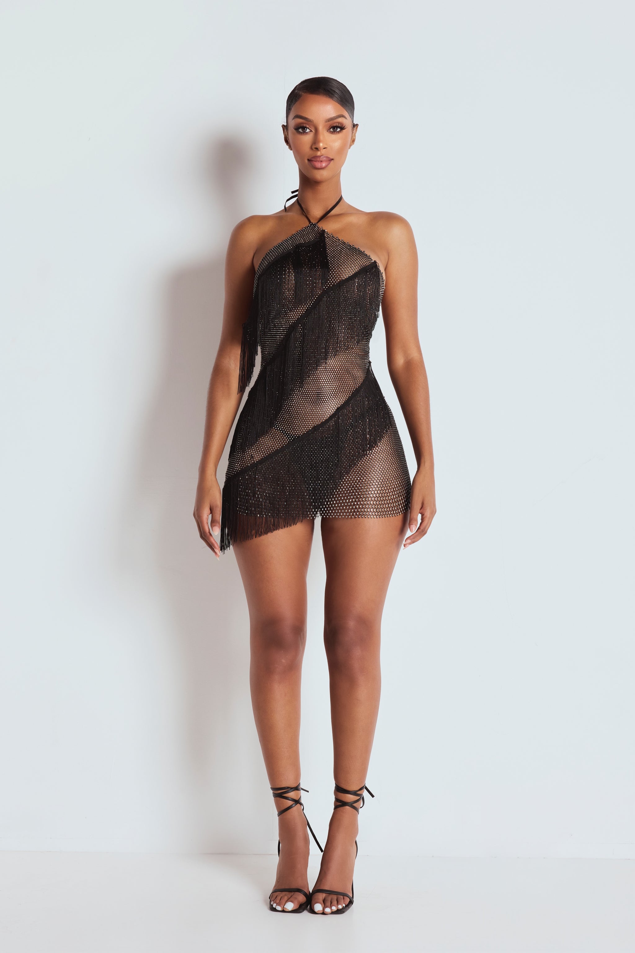 knee length dresses for ladies Women's The Ciela Mesh Diamante Mini Dress, Black