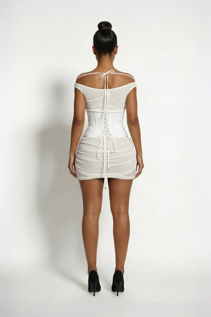 cassia mesh dress Women's The Cassia Mesh Stud Corset Mini Dress, White