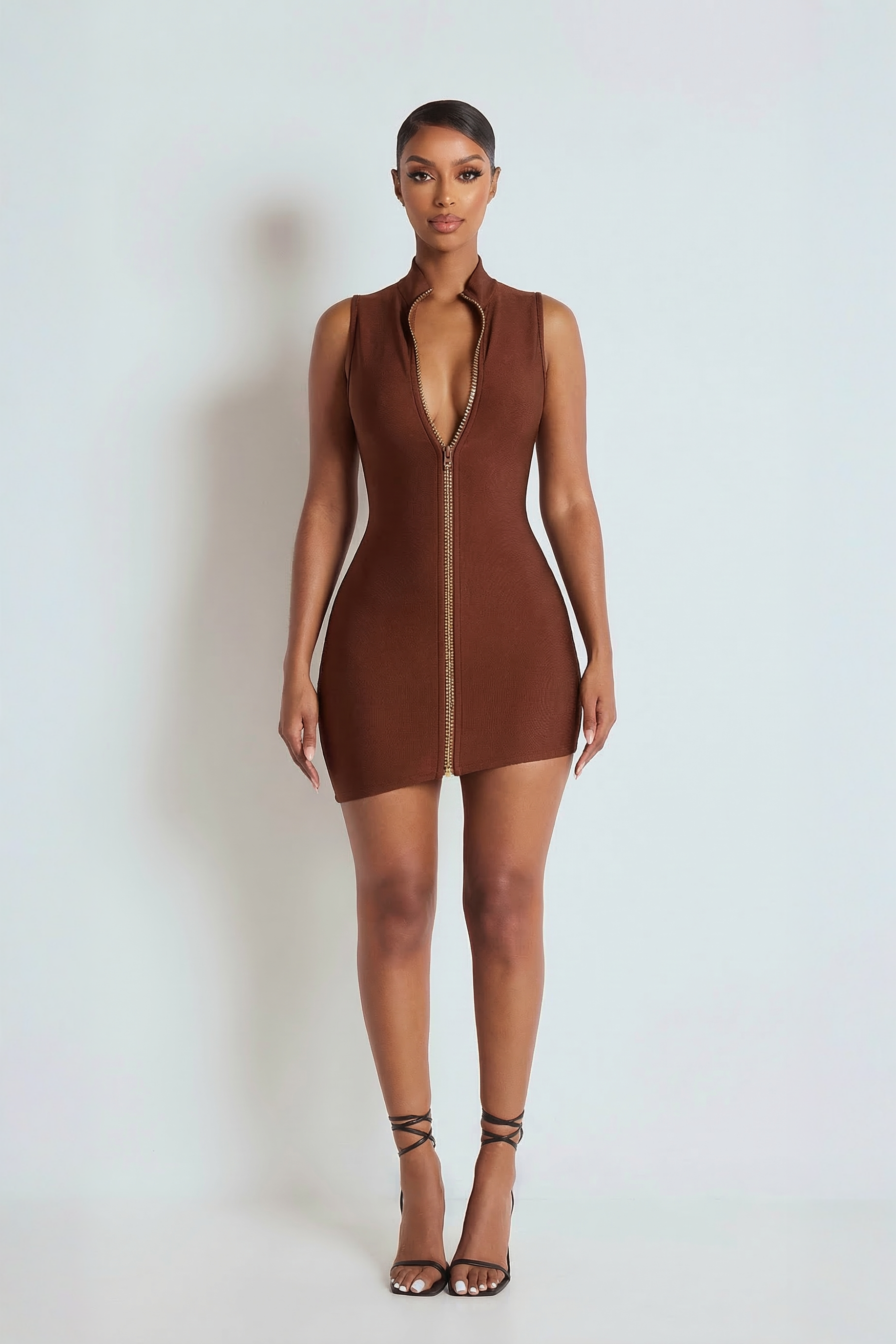 Women's The Serena Brown Diamante Zip Bandage Dress | Size: 4 Women's The Serena Brown Diamante Zip Bandage Dress | Size: 4