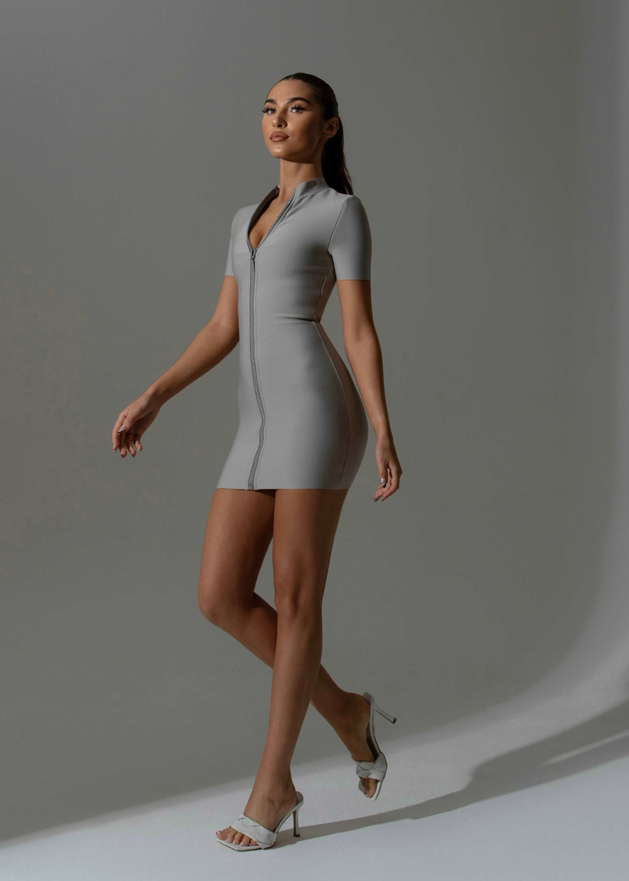The Arrie Grey Diamante Zip Mini Dress LemonLunar clothes