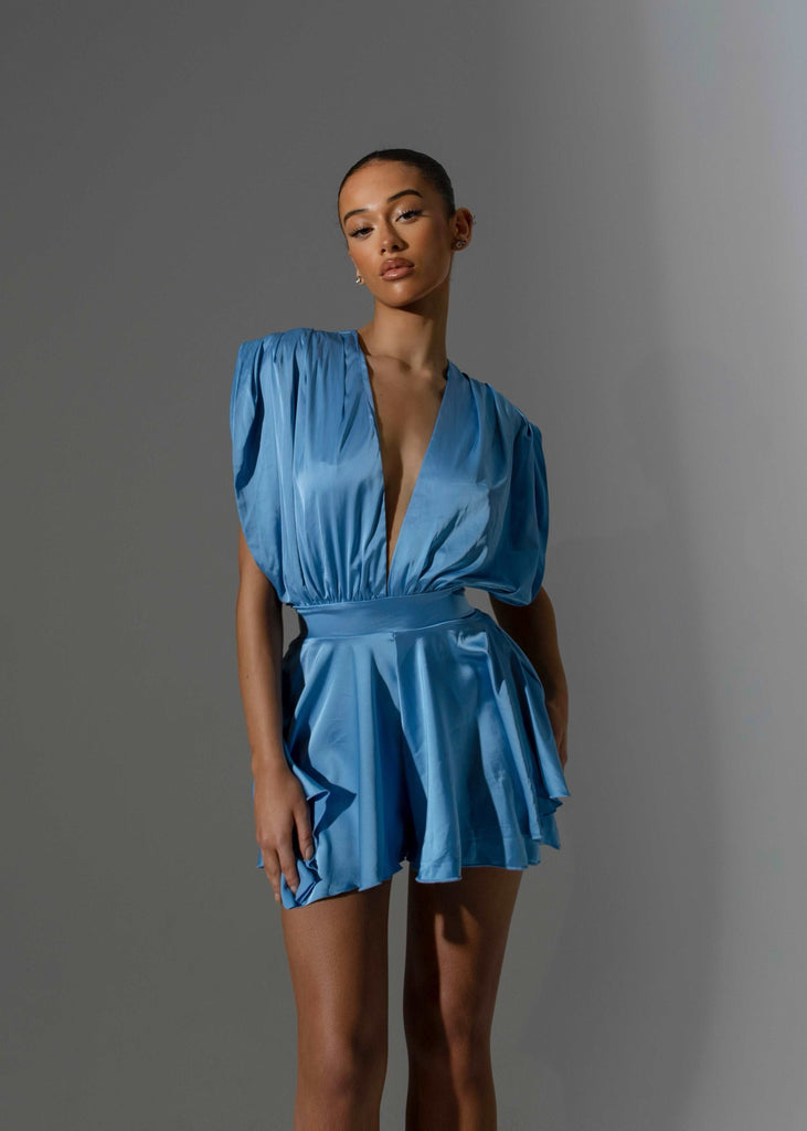 THE AMELIA SATIN PLAYSUIT BLUE LemonLunar 