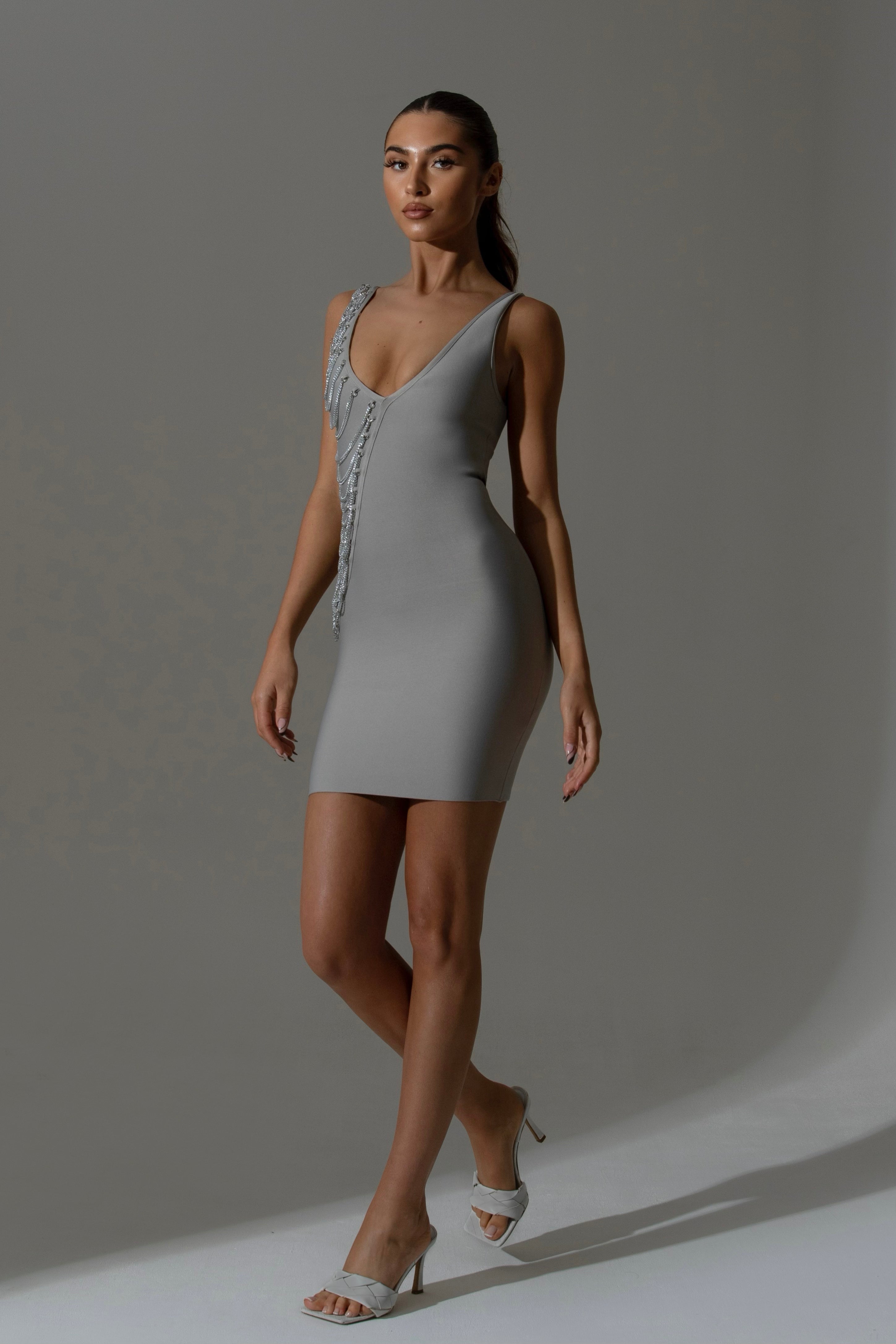 grey bandage dress Eveline Silver Bandage Strapless Bodycon Midi Dress