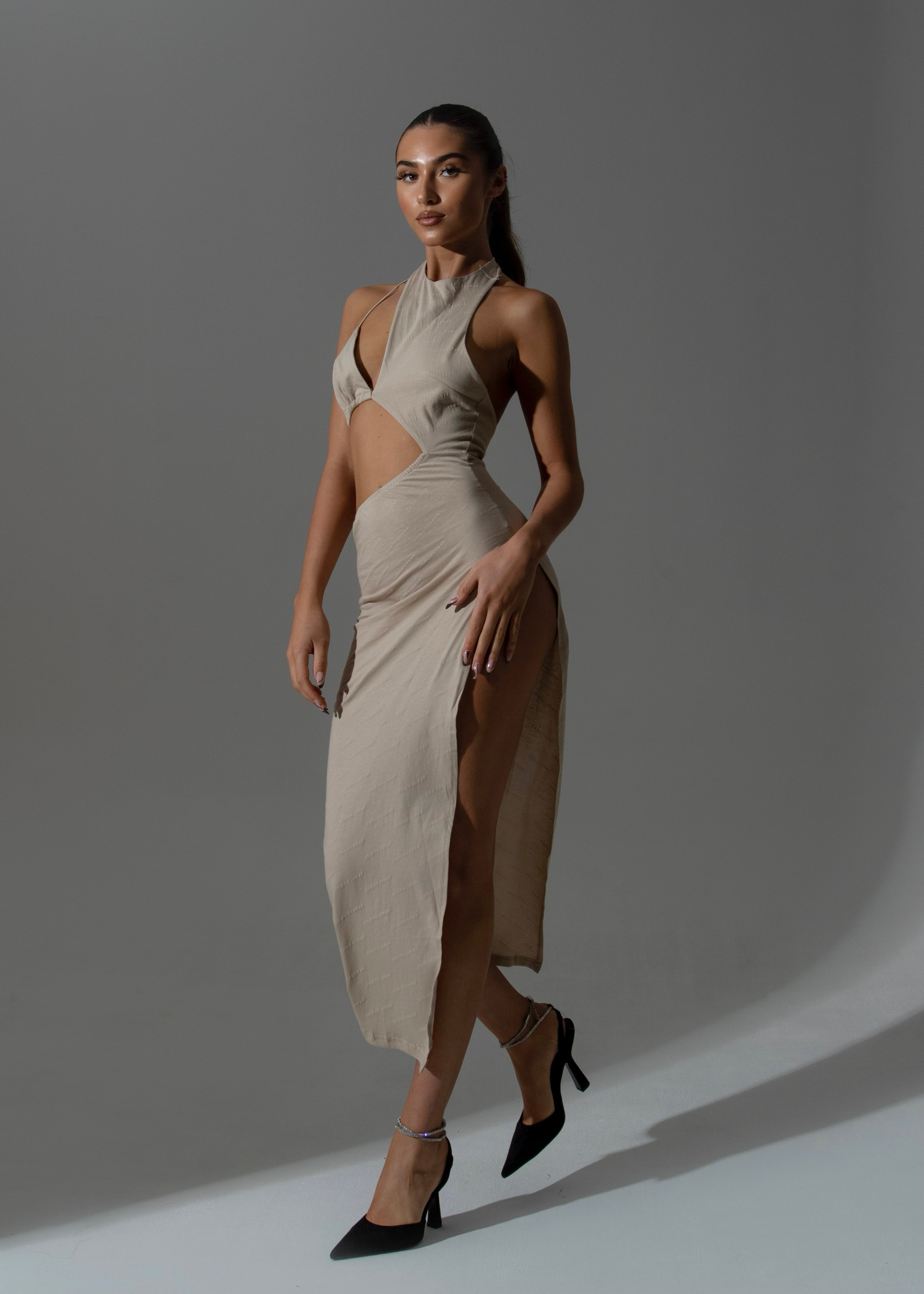 beige cut out midi dress THE LEMONLUNAR CUT OUT MIDI DRESS BEIGE