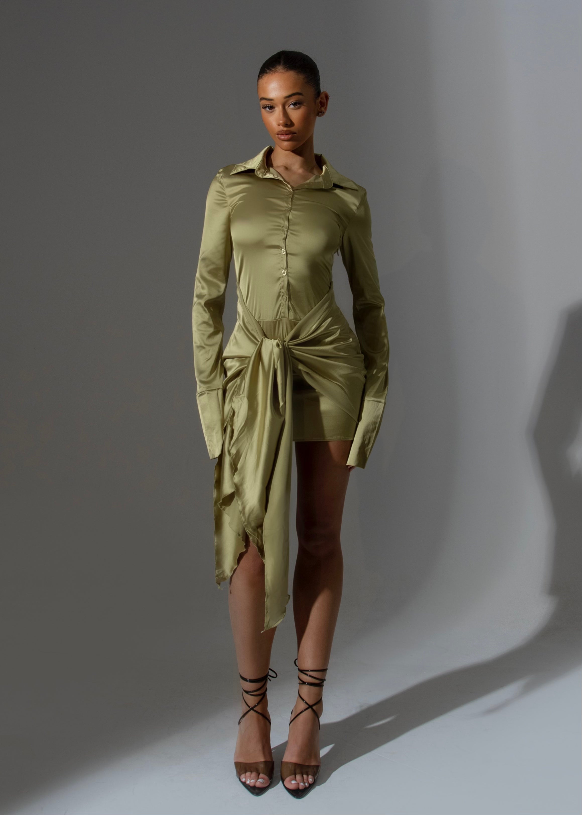 THE TIE SIDE SHIRT DRESS OLIVE GREEN LemonLunar clothes