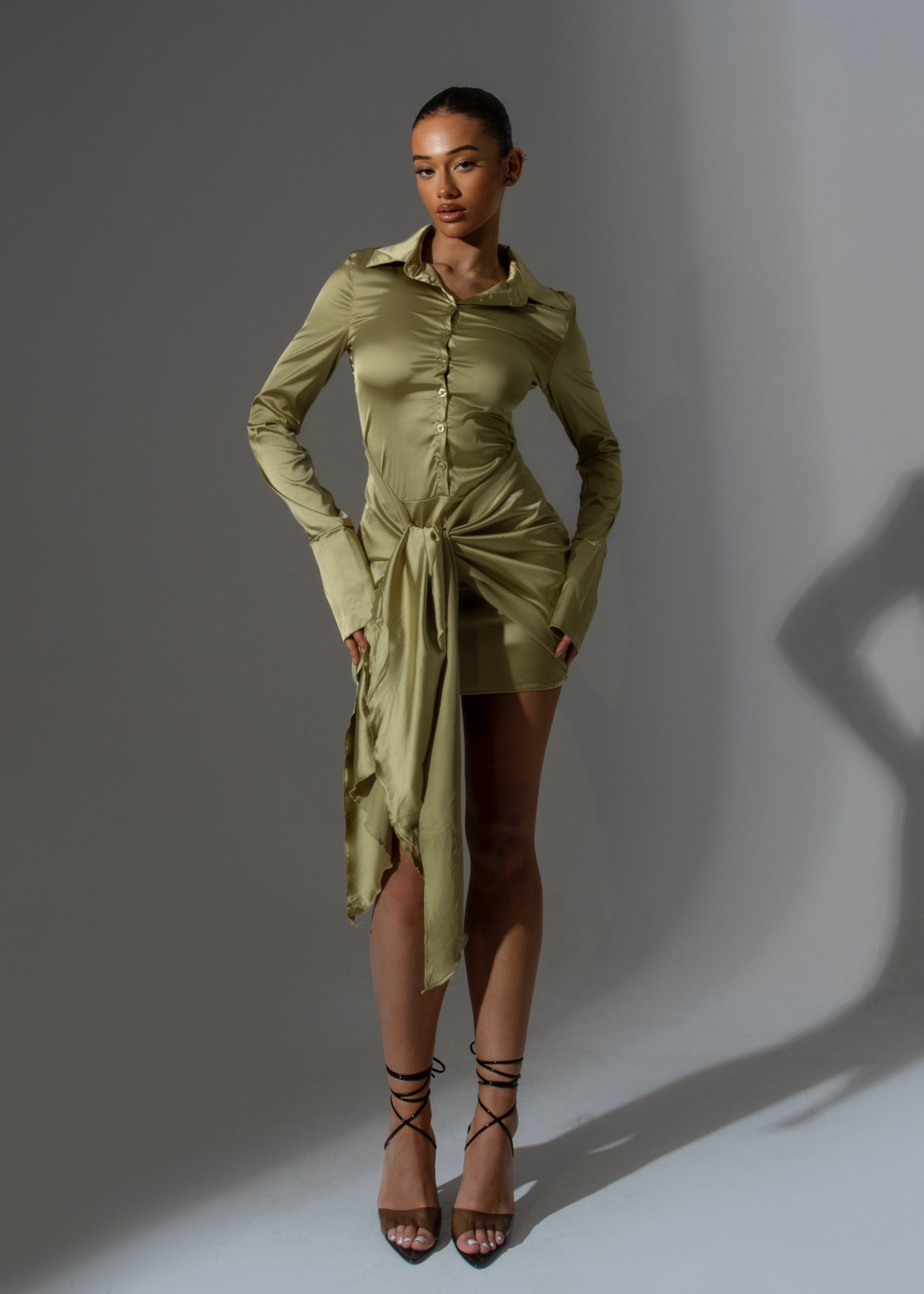 Tie Side Shirt Dress in Olive Green