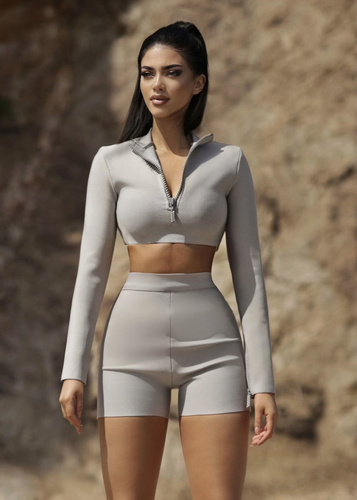 The Sienna Grey Bandage Two Piece Diamante Zip LemonLunar clothes